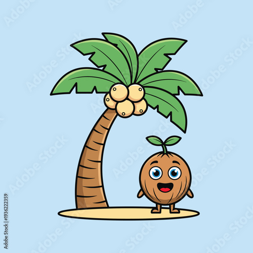 A cute cartoon coconut character stands happily next to a vibrant palm tree on a small island