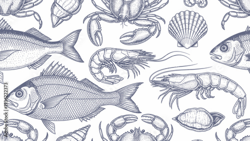 Seamless pattern with various hand-drawn seafood elements.