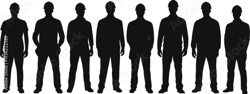 Construction workers silhouette set, group of industrial builders wearing safety helmets, standing together isolated on white background, vector illustration for labor industry concept