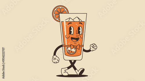 Retro Cartoon Orange Juice Character Walking Happily.
