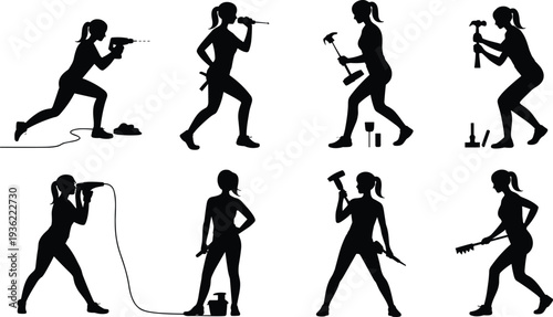 Female construction worker silhouettes set, woman builder using drill, hammer and power tools in various working poses isolated on white background vector illustration