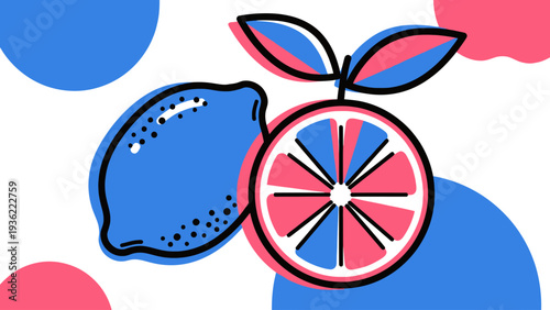 Stylized Blue Lemon and Pink and Blue Citrus Slice Illustration.