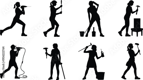 Female construction worker silhouettes set, woman builder using drill, hammer and painting tools in active working poses isolated on white background vector illustration