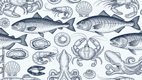 Seamless pattern with hand-drawn seafood, including fish, crabs, shrimp, and oysters, in a vintage sketch style.