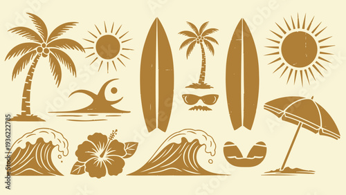 Summer Beach Vacation Elements Collection with Palm Trees and Surfboards.