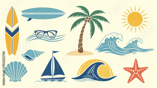 Summer Beach Vacation Elements Collection with Surfboards and Palm Tree.