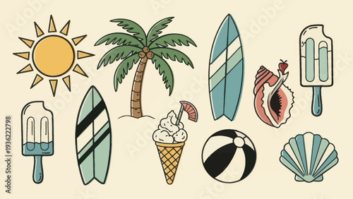 Summer Beach Vacation Icons Collection Sun Palm Tree Surfboards Ice Cream Seashells.