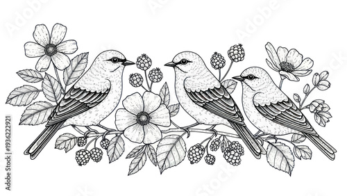 Three detailed birds perched on a branch with blooming flowers and berries, in a black and white line art style.