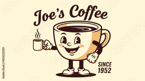Retro Coffee Cup Character with Vintage Style.