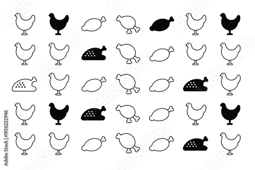 Chicken icons in various styles and colors for food design