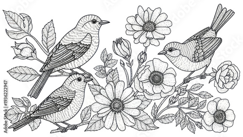 Three Detailed Birds Perched Among Blooming Flowers and Foliage.