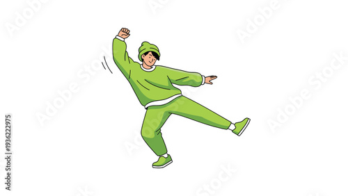 Dynamic cartoon figure in green tracksuit performing a dance move or stumble, isolated on white background.