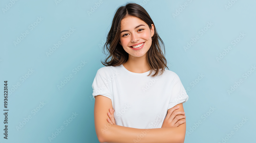 Obraz premium Smiling young woman with arms crossed on light blue background, copy space