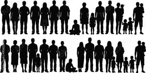 Black silhouettes of family groups, vector illustration showing adults and children together, diverse postures, relationships, parenting, unity design elements