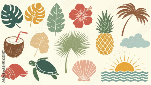 Tropical Summer Elements Collection - Leaves, Fruits, and Beach Icons.