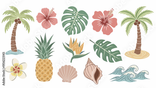 Tropical Summer Elements Collection with Palm Trees, Flowers, and Fruits.