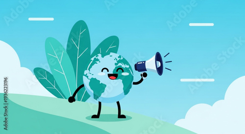 Smiling cartoon Earth character holding a megaphone, symbolizing global communication and environmental awareness for a better future through positive messaging