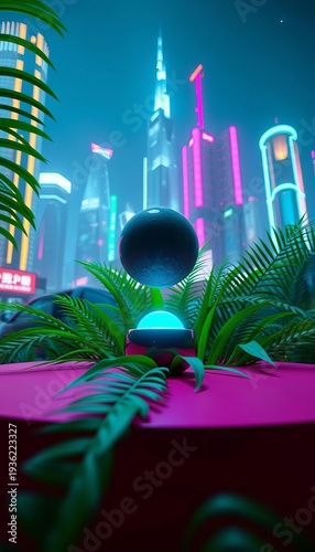 A solitary grey orb pulses with cerulean light upon a roseate platform, juxtaposed against emerald fronds unfurling towards a neon-drenched cityscape, low view,  cyberpunk,  technology