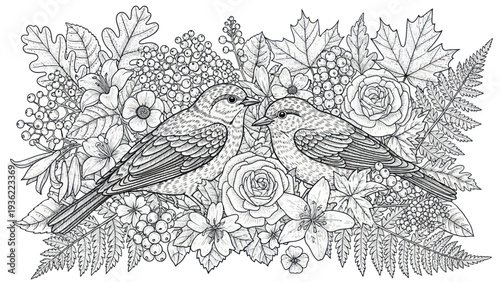 Two birds in love surrounded by a beautiful floral arrangement.