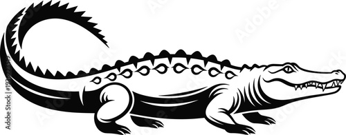 Stylized Black and White Alligator Silhouette Illustration Isolated on White Background for Wildlife Branding Reptile Zoo Logos Swamp Nature Conservation and Predatory Animal Graphics