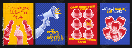 Funky retro halftone collage posters with motivational quotes, megaphone, coffee cups and expressive elements. Pop art compositions for inspiration, productivity themes and social media designs.