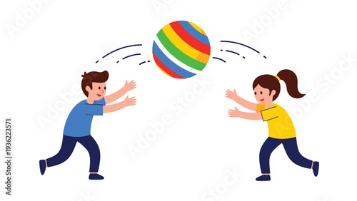 Boy and girl playing catch with a colorful striped ball, active kids game illustration