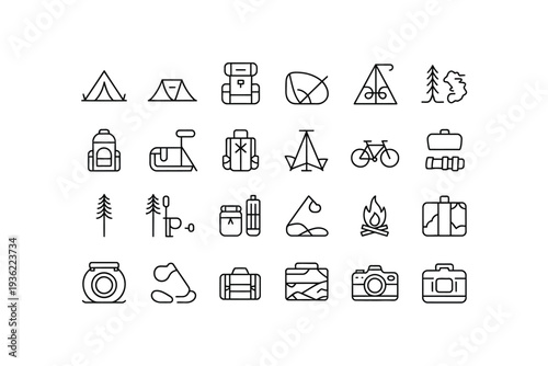 Camping icons set for outdoor adventure and travel planning
