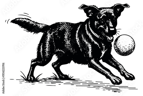 Dog playing with ball hand drawn sketch