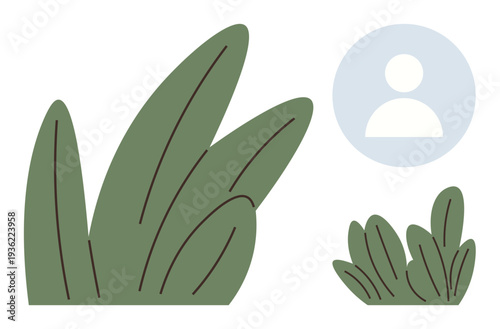 Nature, user identification, eco branding, environmental awareness, digital design, online profiles. Green plant leaves next to a generic user profile icon. Nature and user identification concepts