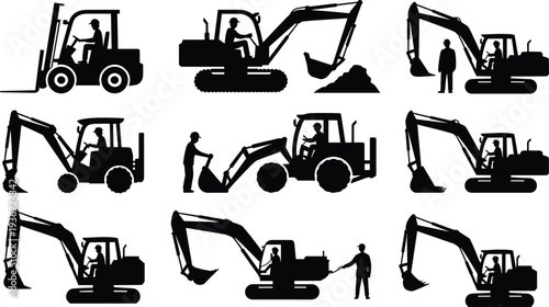 Heavy construction equipment silhouette collection, excavator forklift and backhoe loader machinery with operators, industrial vehicles isolated on white background vector illustration