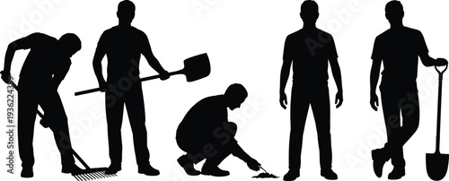 Gardener and construction worker silhouette set, men with shovel and rake tools isolated on white background vector illustration