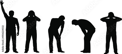 Man silhouette set showing different tired and stressed poses, body language and human emotion concept vector illustration isolated on white background