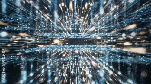 Abstract digital network data flow with glowing blue and gold lights