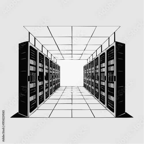 Data center server room with rows of computer racks and storage systems.
