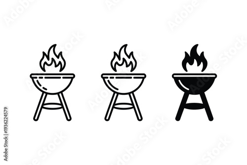 Barbecue vector icons of grills with flames on light background