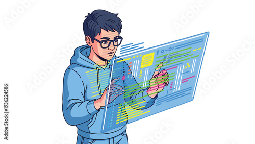 Teenage Coder Interacting with Futuristic Digital Display Interface