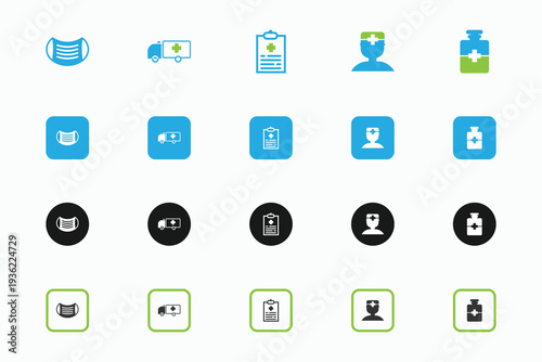 Healthcare & Medical Icons Set in Blue, Black & Green for Hospitals & Clinics