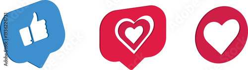 Social Media Favorite Marker Vector. Thumbs up and heart flat icon in modern speech bubble shapes . Like, love, heart, thumb up, repost, comment, share, save, stories user button sign .