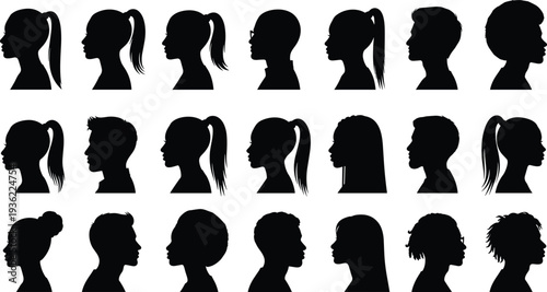 Black silhouettes of human head profiles, vector illustration showcasing diverse hairstyles, facial outlines, cultural identity, hairstyle variation design