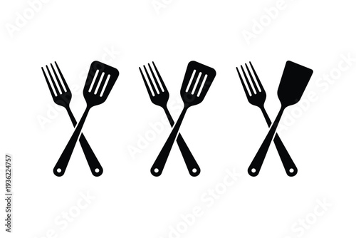 Kitchen utensils vector icons of crossed spatulas and forks
