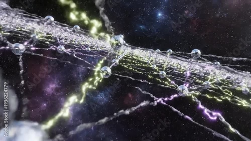 Abstract cosmic structure with metallic spheres in deep space