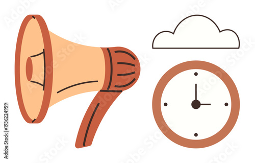 Communication, time management, digital marketing, advertising, scheduling, teamwork. A megaphone, clock and cloud icon on a white background. Communication and time management concepts