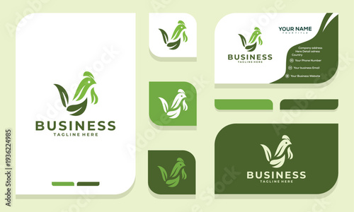 Stylish Rooster Chicken Logo Design with Business Card Mockup for Food Brands