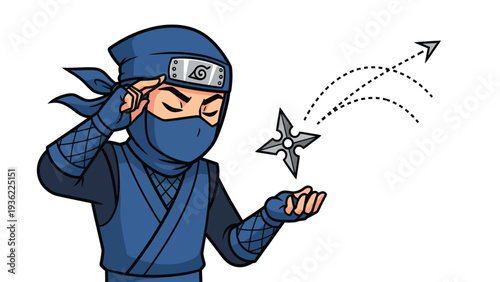 Blue Cartoon Ninja with Shuriken and Throwing Trajectory Illustration