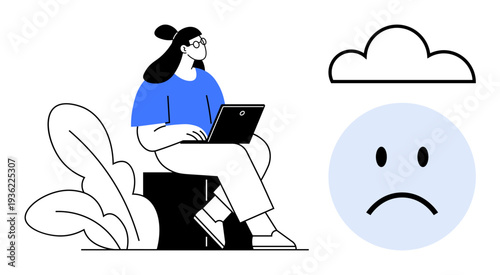 Stress concept. Woman using laptop with a sad face symbol and cloud stress in a digital age. Stress affects emotional and mental health. For technology, mental health awareness, and emotions