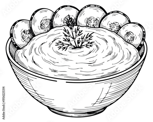 Simple dip bowl with cucumber slices and herb garnish hand drawn outline illustration