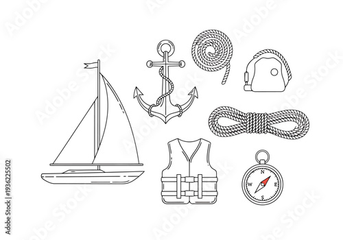 Nautical Theme Elements Collection Showing Sailboat Anchor Rope Life Vest Compass and Hat Detailed Line Art Isolated on White Background for Marine