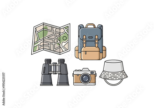 Outdoor Adventure Travel Gear Essentials Collection For Exploration And Discovery Including Backpack Binoculars Map Camera And Hat On White
