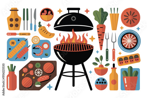 Vibrant flat illustration of a barbecue grill with various foods and cooking tools, perfect for summer celebrations.