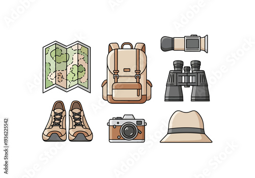 Travel Exploration Gear Unpacked Flat Style Icons Set Backpack Map Binoculars Camera Hiking Boots Hat For Discovery Adventure And Outdoor Activity
